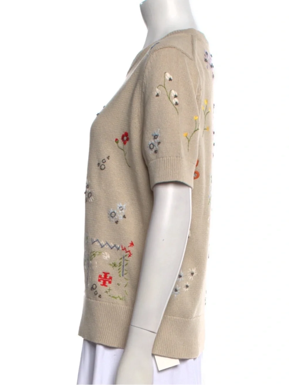 Tory Burch Crew Neck Floral Short Sleeve Sweater